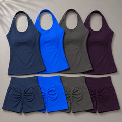 Women Seamless Yoga Set Halter Sports Bra Scrunch Butt Shorts 2 Piece Gym Workout Fitness Activewear High Waist Athletic Outfit
