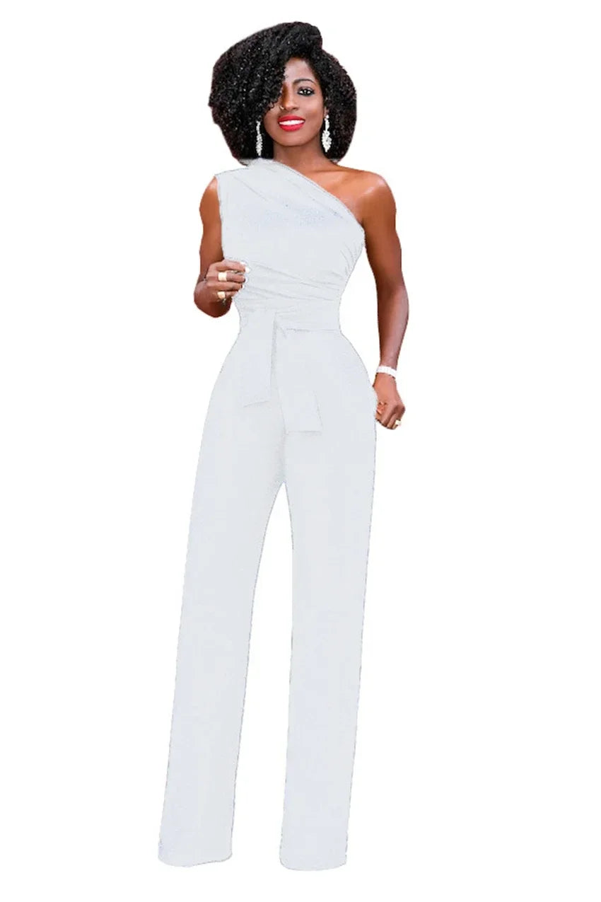 Elegant Skew Collar Belted Jumpsuit