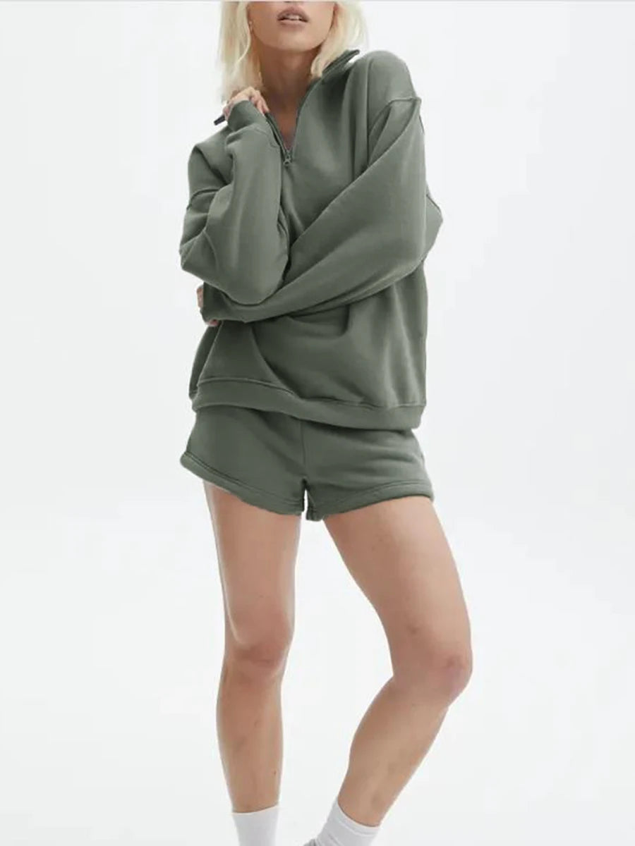 Velvet Zip Sweatshirt Shorts Set