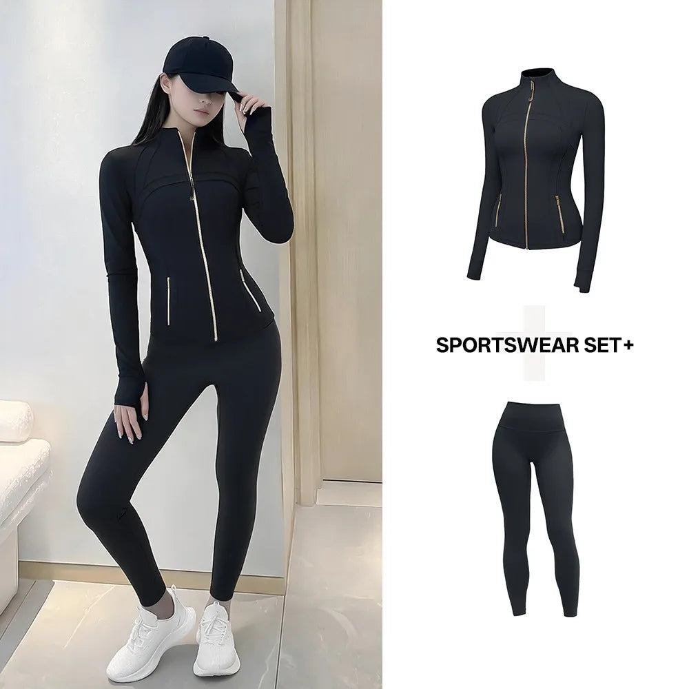 Women's Yoga Set Stand Collar Zip Jacket, Slim Fit Long Sleeve Sports Fitness Yoga Wear