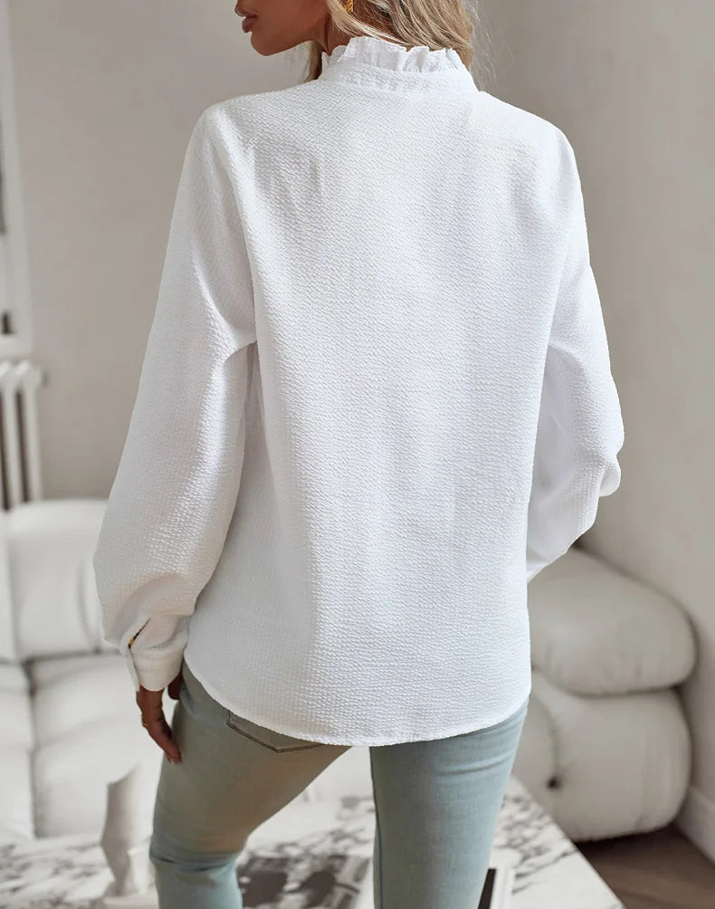 Women's Shirt Elegant Long Sleeve Ruched Stand Neck Office Lady Blouse Casual Button Shirts Harajuku Tunics Street Simple Tops