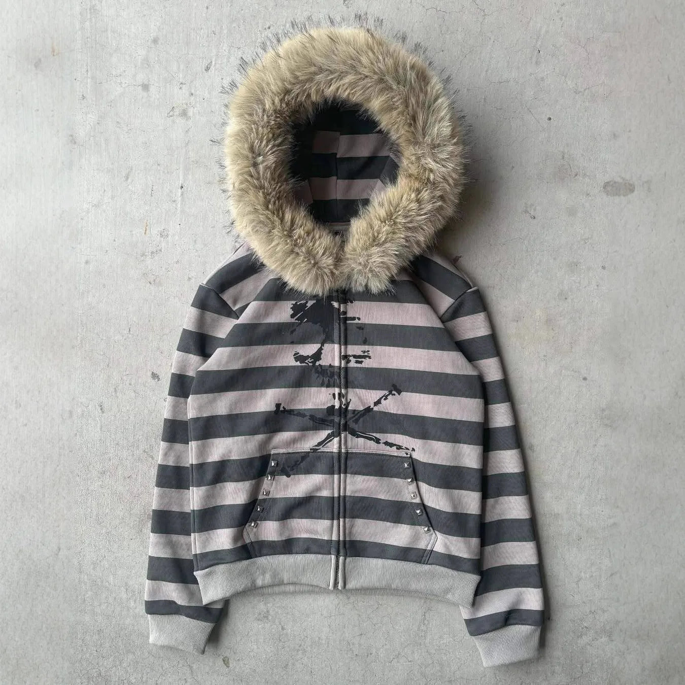 Hoodie with leather collar suitable both men and women striped printed long sleeved loose hooded sports hoodie punk Y2K daily