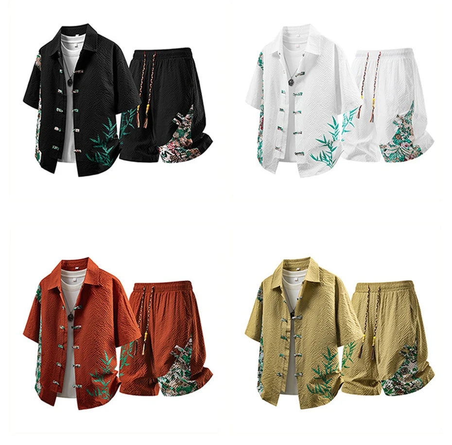 Summer Tracksuits Men Traditional Chinese Style Suit Shirt Shorts Tang Suit Male Fashion Casual Summer Sets