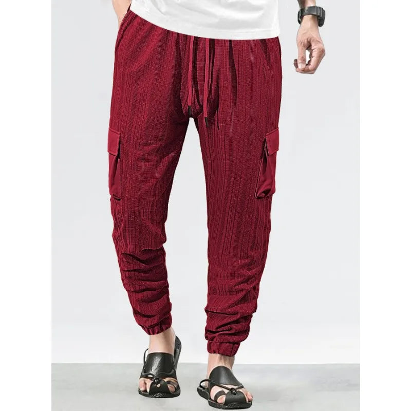 Men's Grid Cargo Joggers Drawstring Elastic Waist Multi Pocket Casual Ankle Length Trousers