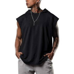 2026 Men Tank Top  Fitness Training Pullover Leisure Fashion Sleeve Men's Hooded Vest Solid Color Tank Tops For Male