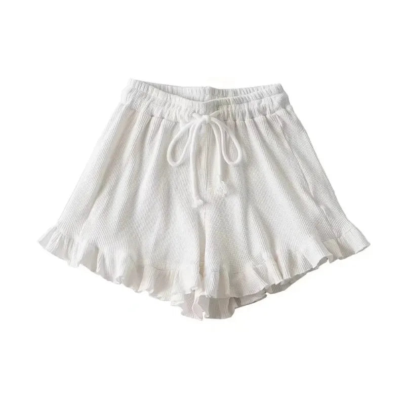 Waffle Knit Ruffled Lounge Shorts