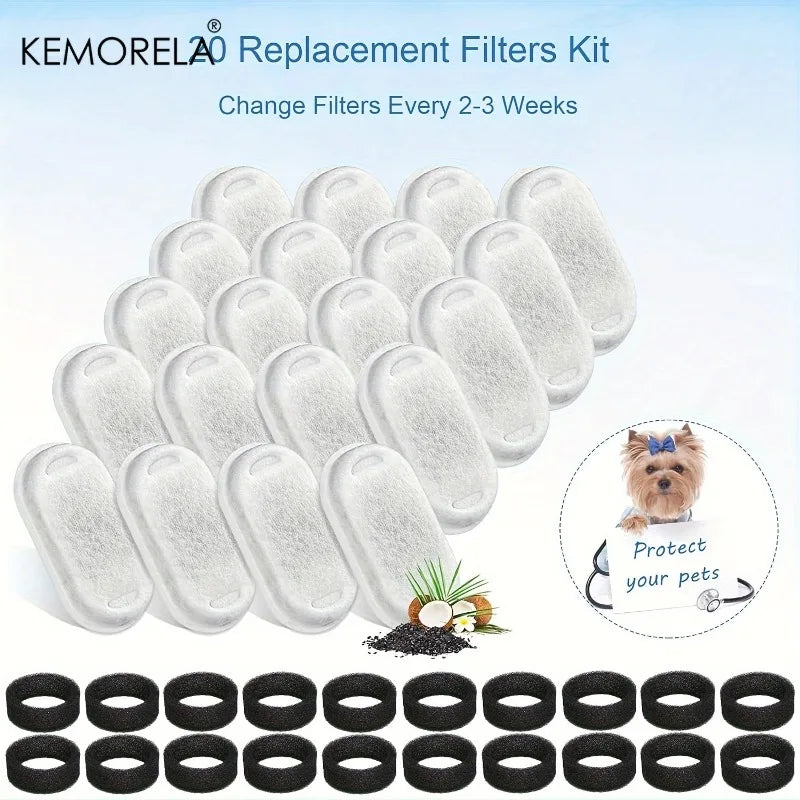 20PCS Cat Water Fountain Activated Carbon Dog Water Bowl Dispenser Replacement Filters with 20 Sponges for Home Pet Hydration