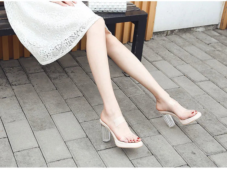 Women's High Heels, 2024 Summer New Waterproof Table with A Line Not Tired Feet Thick Crystal Slippers, Women's Shoes