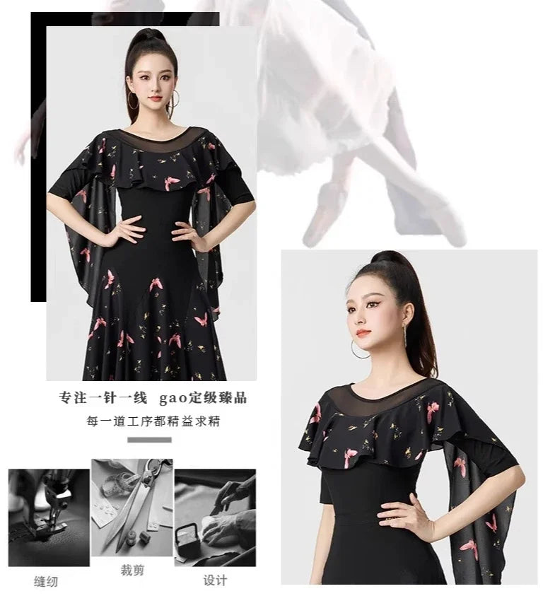 Dancewear Women Tops Summer Fashion Print Latin Line Dance Costume New Products Ballroom Dance Women Top Training Clothes Black