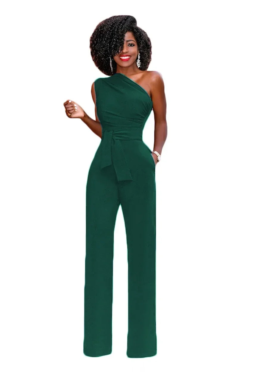 Elegant Skew Collar Belted Jumpsuit