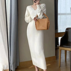 French Knit V-Neck Midi Dress