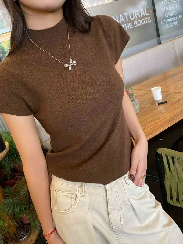 Knitted 2025 New Basic Sweaters Fashion Women Turtleneck Solid Thin Short Sleeve Slim Pullovers Streetwear Bodycon Sweater
