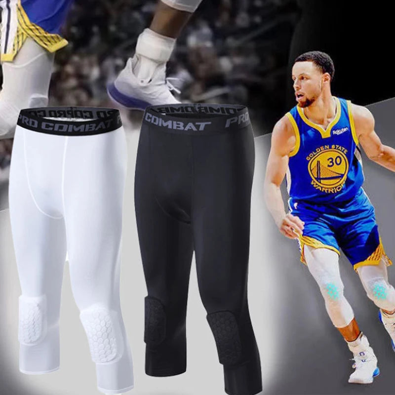 Men's Sports 3/4 Cropped Pants Padded Running Leggings Mens Joggers Elastic Compressions Sweatpant Football Basketball Trousers