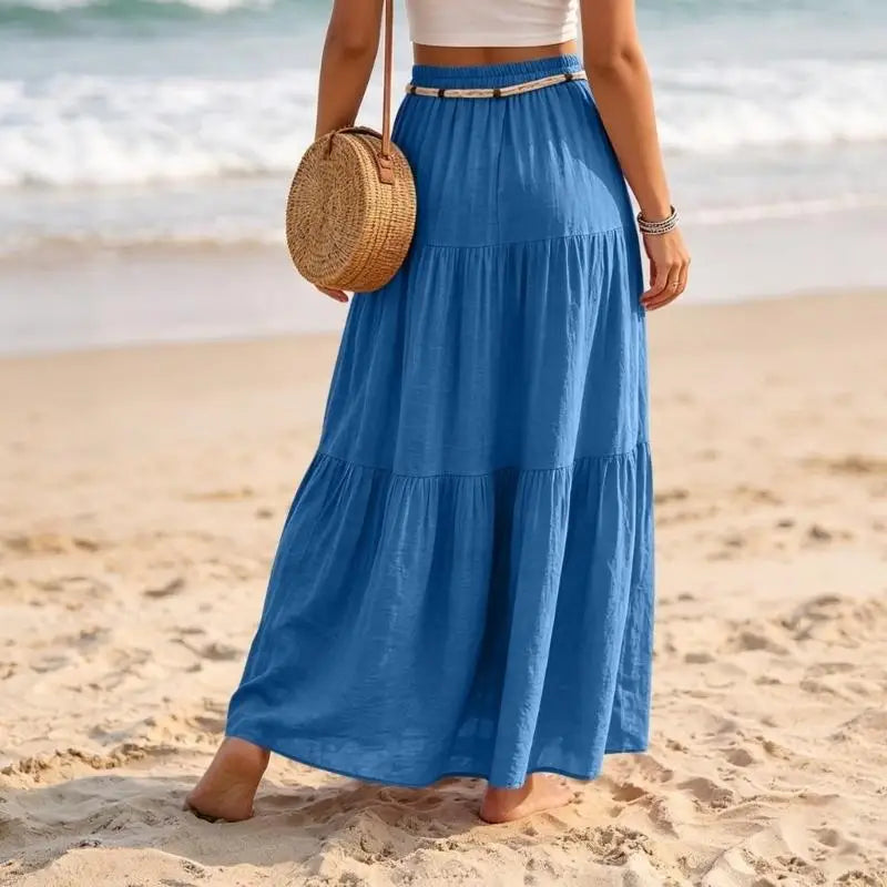 Skirts for Women Linen Maxi Skirt Pleated Long Flowy Elastic Skirt Tiered Beach A-Line Skirts 6XDA