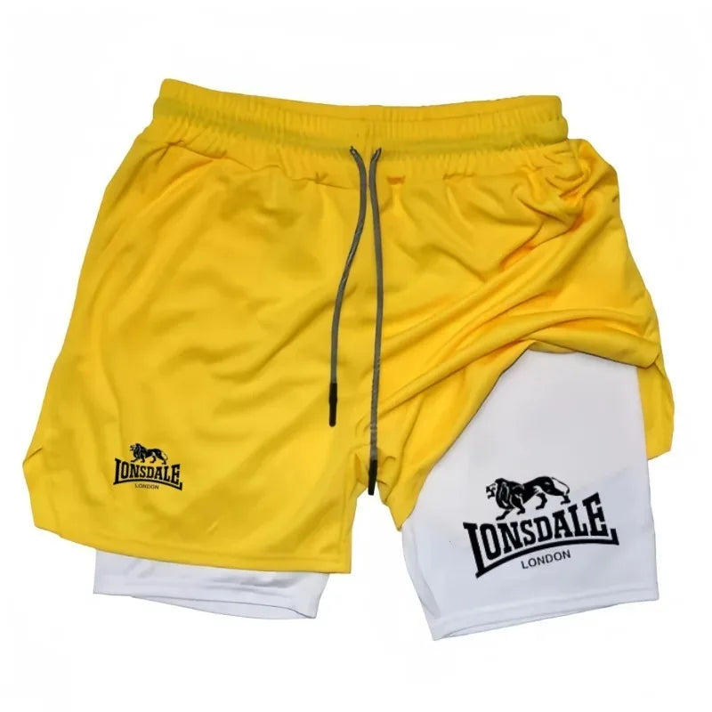 Print 2in1 Running Shorts for Men Gym Workout Compression Shorts with Phone Pocket Towel Loop Summer Sport Athletic Activewear