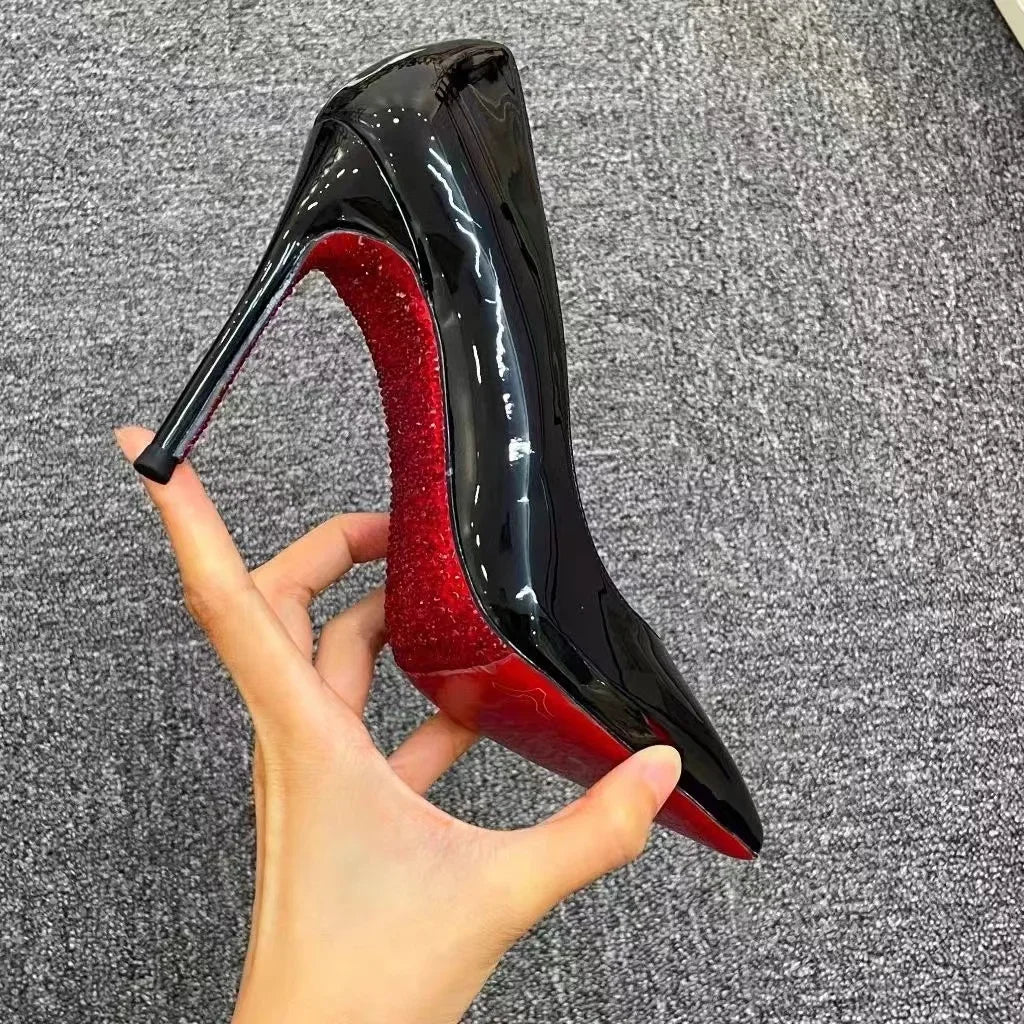 High Heels Women's Slim Heels New Stunning and Sexy Wedding Shoes Black Patent Pointed Single Shoes High Heels Туфли Женские