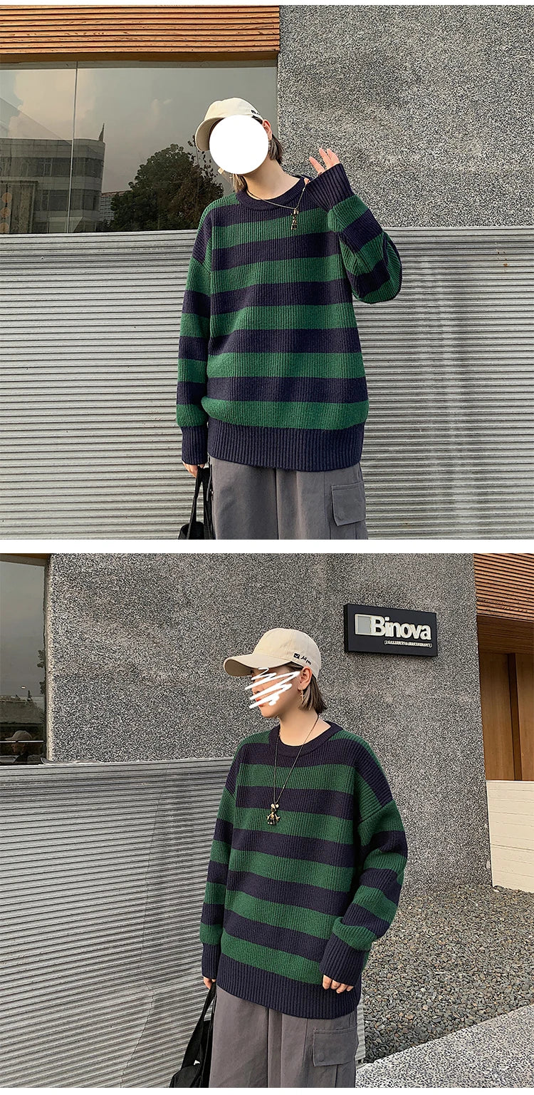 Striped Knitted Sweater Men Women Vintage Tate Langdon Loose Sweaters Harajuku Green Warm Autumn Jumper Pullover Unisex Casual
