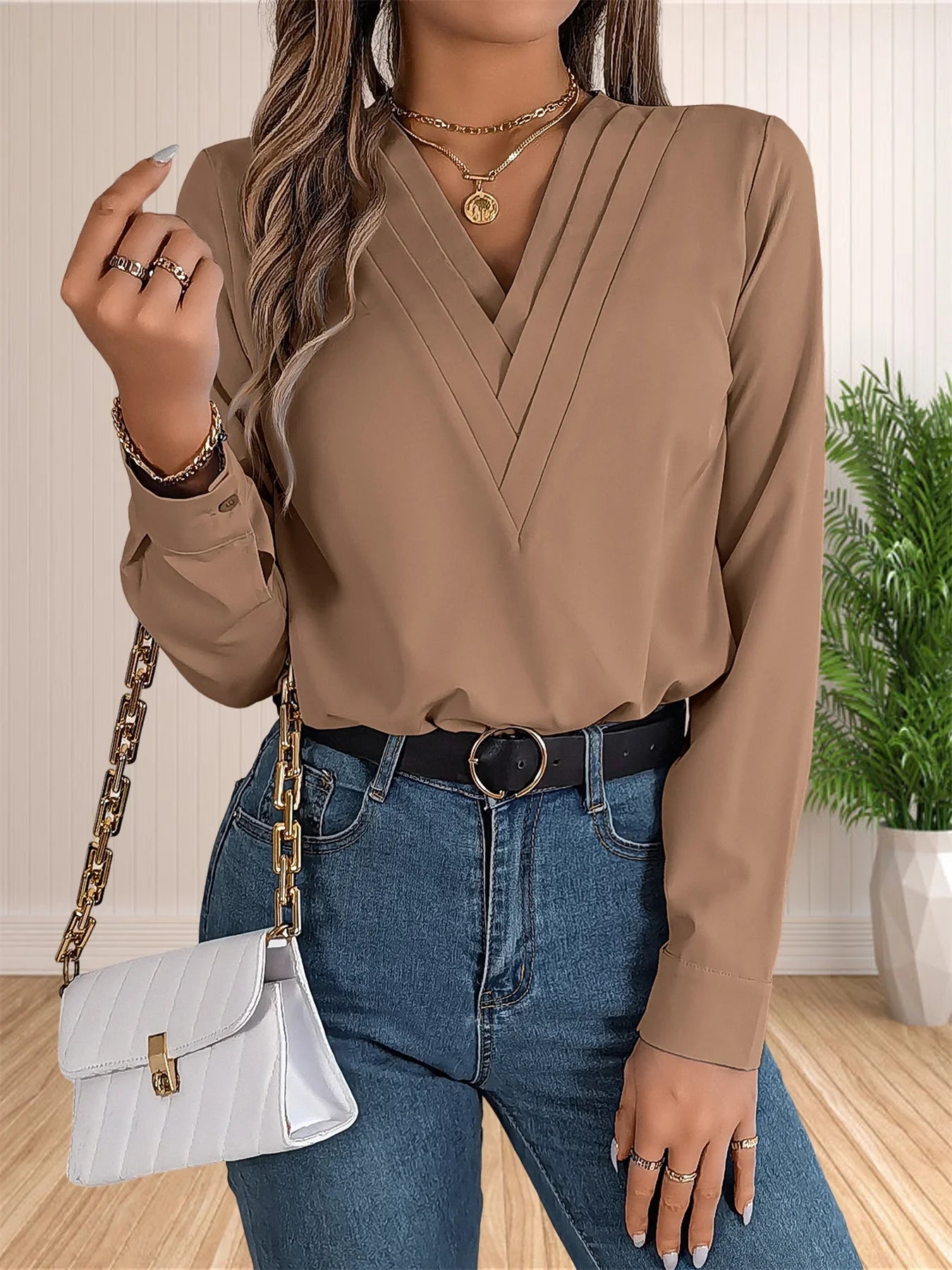 Elegant Layered V-Neck Work Blouse