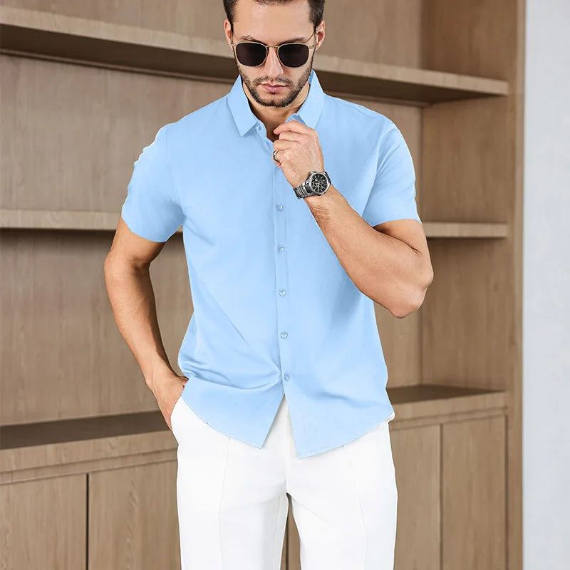 New Men's Business Casual Solid Color Short Sleeved Shirt for Summer Fashion No Ironing Comfortable and Versatile Top