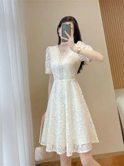Elegant White Lace Puff Dress