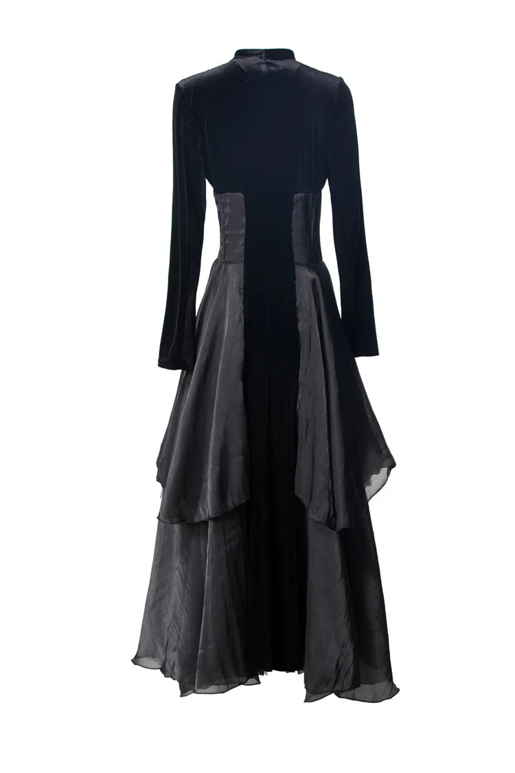 Velvet Ruffle V-Neck Evening Dress