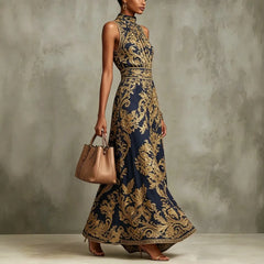 Elegant Party Evening 2026 Summer Long Dresses New Vintage Classic Pattern Flower Printed Lapel A-Line Dresses For Women