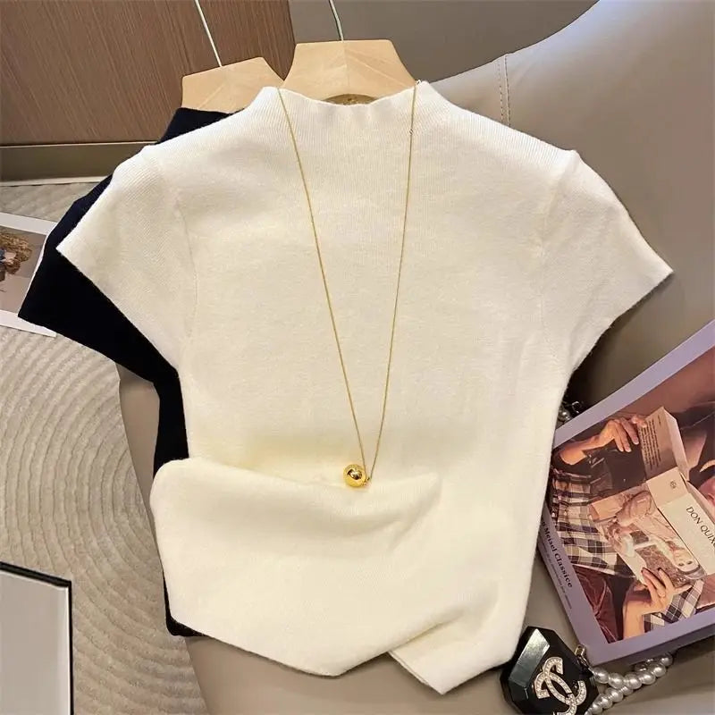 Knitted 2025 New Basic Sweaters Fashion Women Turtleneck Solid Thin Short Sleeve Slim Pullovers Streetwear Bodycon Sweater