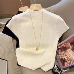 Knitted 2025 New Basic Sweaters Fashion Women Turtleneck Solid Thin Short Sleeve Slim Pullovers Streetwear Bodycon Sweater