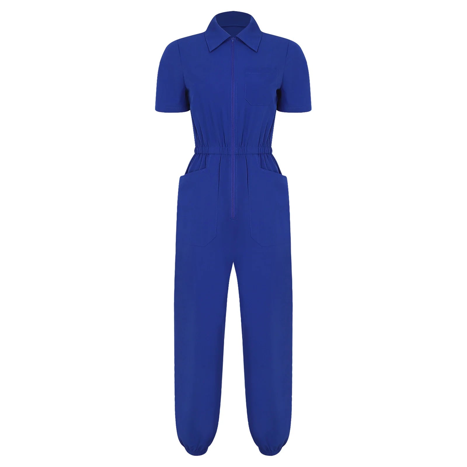 Womens Short Sleeve Scrubs Jumpsuit Front Zipper Elastic Waist Jogger Pants Rompers Nurse Doctor Workwear for Caring Nursing