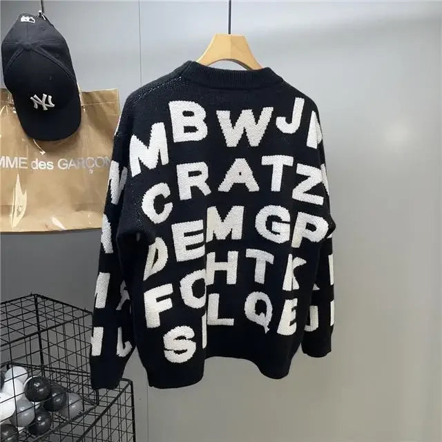Sweater Men's Clothing Winter Full-print Letter Jacquard Loose Thickened Design Round Neck Top Trendy American Style Sweater