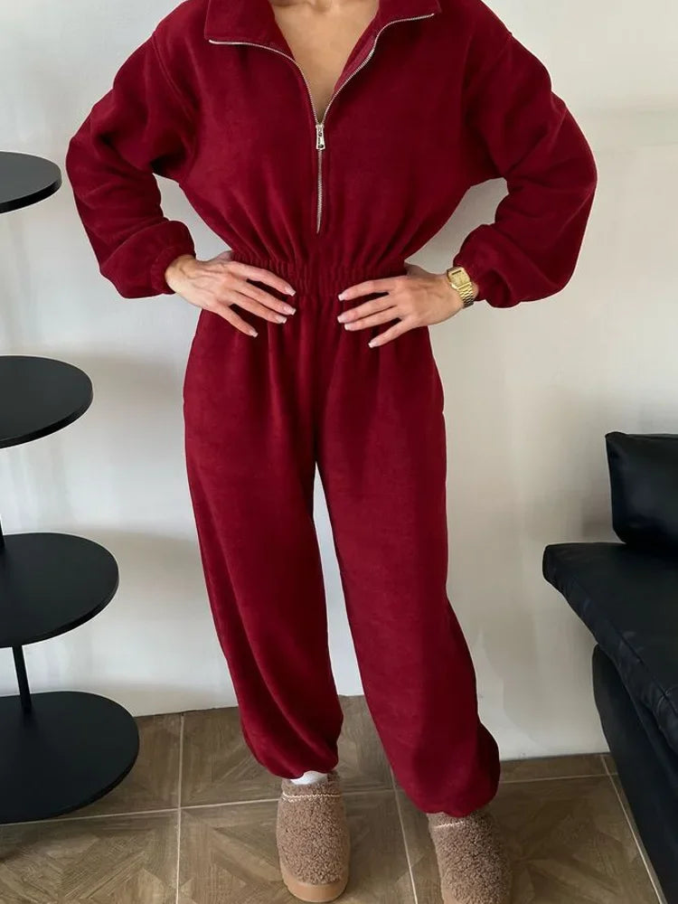 Jumpsuit Women 2026 New Fashionable Long Sleeved Jumpsuit for Women's Casual Half Open Collar Elastic Waist Jumpsuit
