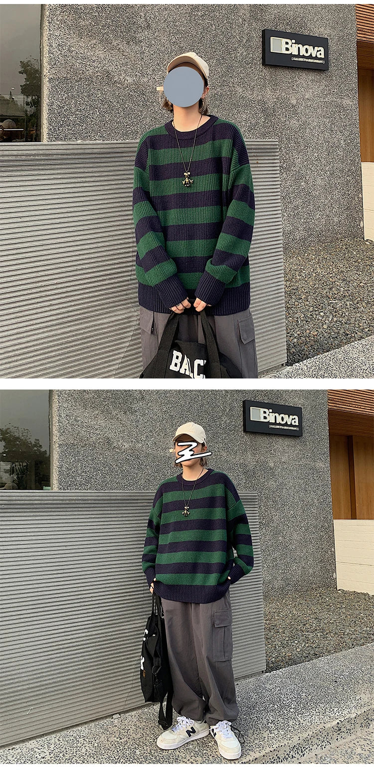 Striped Knitted Sweater Men Women Vintage Tate Langdon Loose Sweaters Harajuku Green Warm Autumn Jumper Pullover Unisex Casual