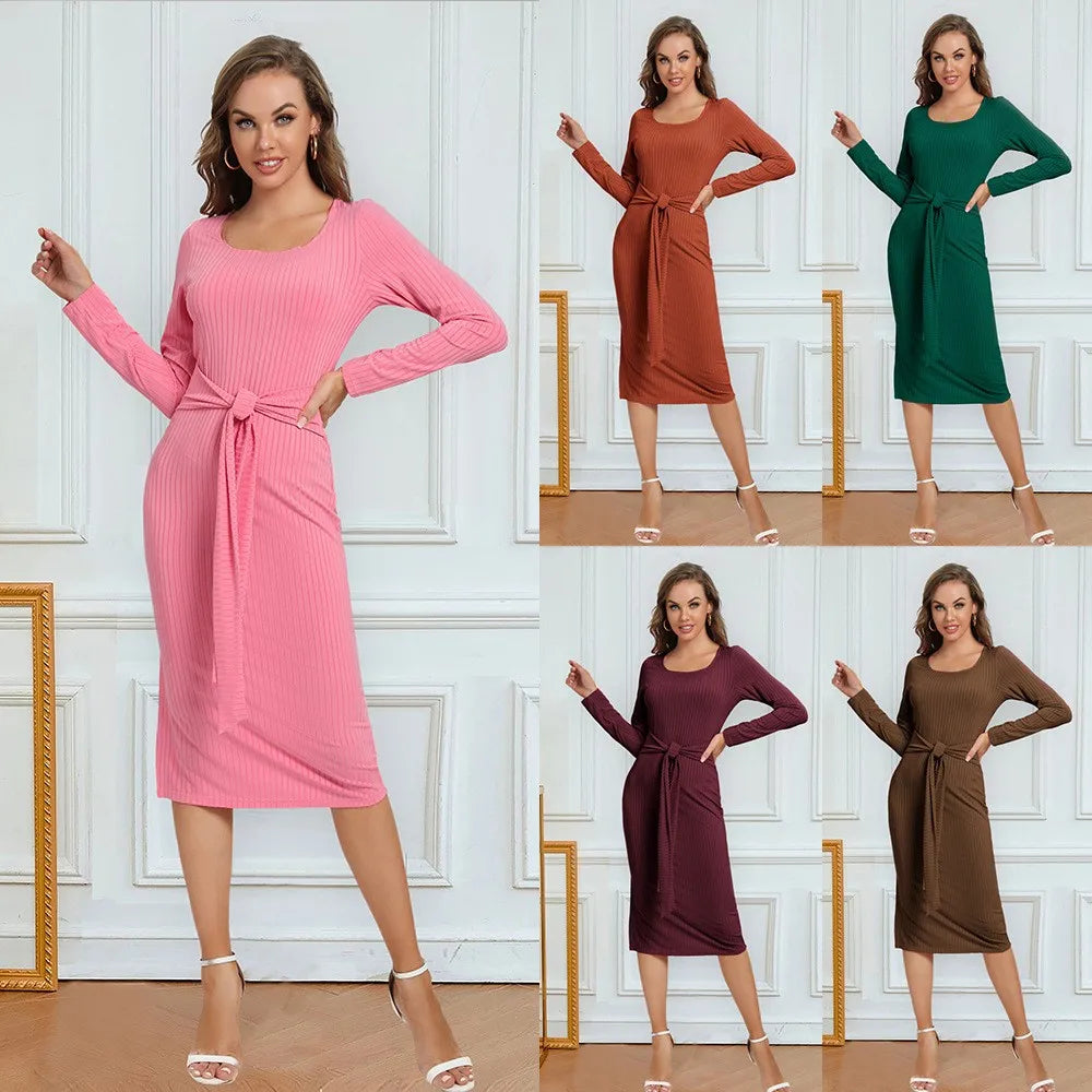Women's Elegant A-Line Velvet Dress for Wedding Guest Prom Party Wedding Party, Long Sleeve Round Neck Belted Full Skirt