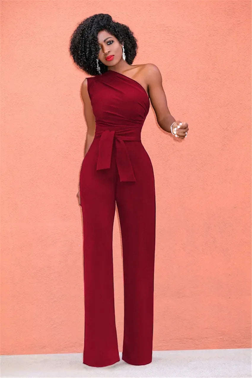 Elegant Skew Collar Belted Jumpsuit