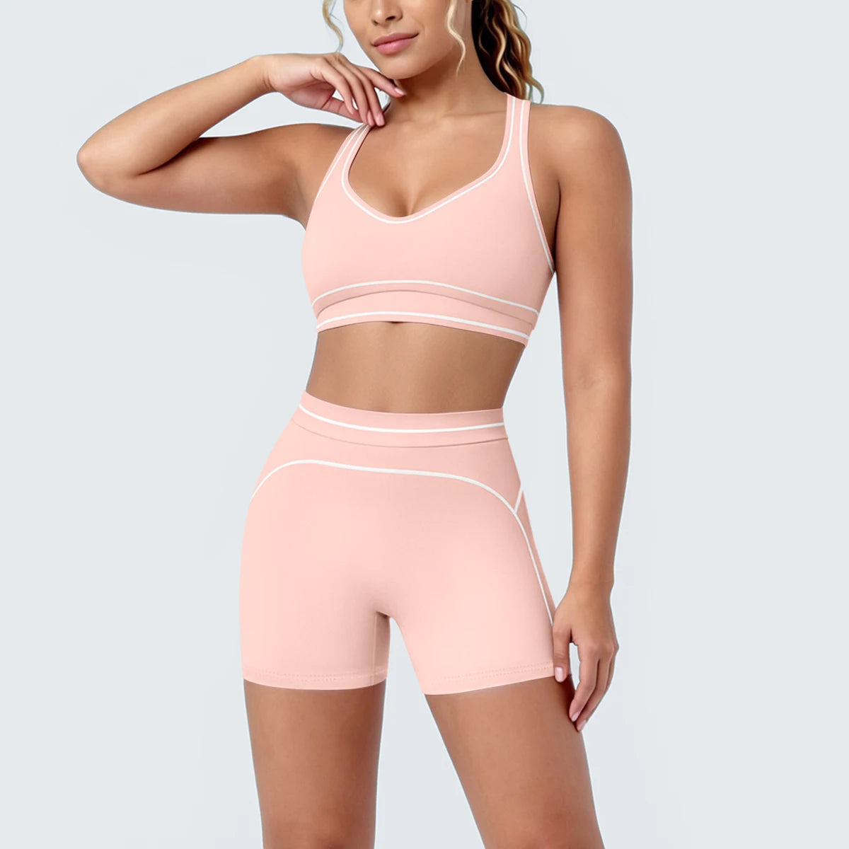 New Woman Yoga Set Color Blocking Sexy Sport Bra Yoga Underwear with Chest Pad High Waist Stripe Running Fitness Shorts Yoga Set