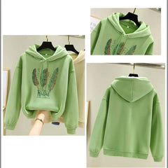 Feather Print Velvet Hooded Sweatshirt