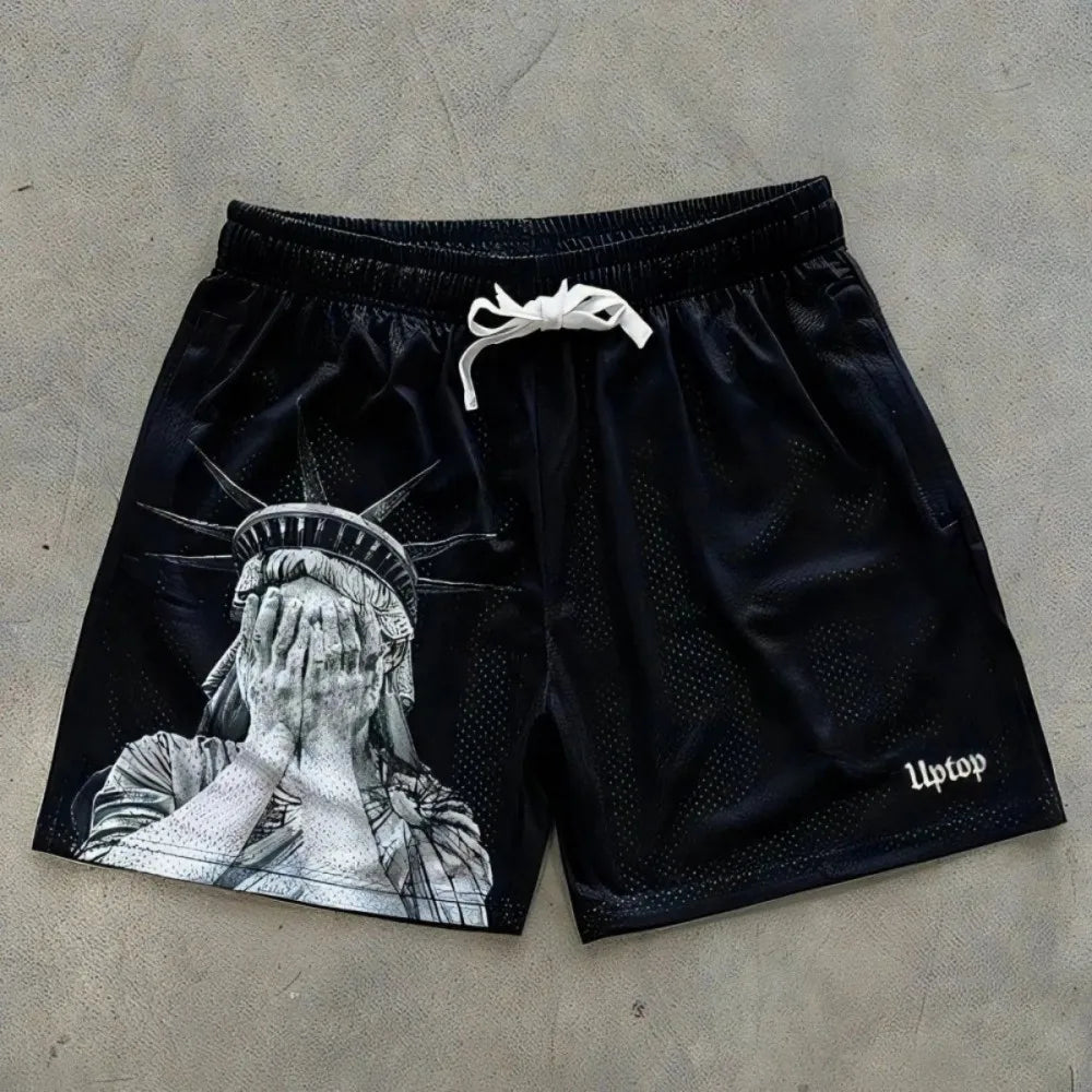 European and American Men's Summer Statue of Liberty Print Comfortable Breathable Drawstring Shorts Outdoor Casual Pants