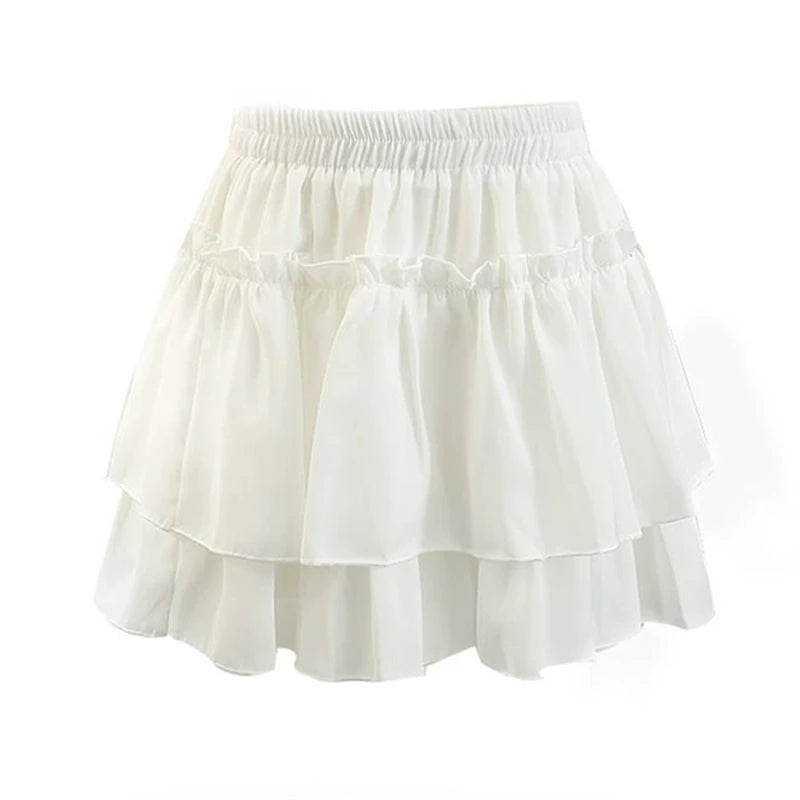 Summer Kawaii White Ruflles Skirt Women Fashion Slim Fit Chiffon Mini Skirts Giris Y2k All Match Elastic High Waist Black Faldas
