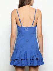 Women Fashion With Ruffled Cutwork Embroidery Mini Dress Vintage Backless Elastic Thin Straps Female Dresses Vestidos