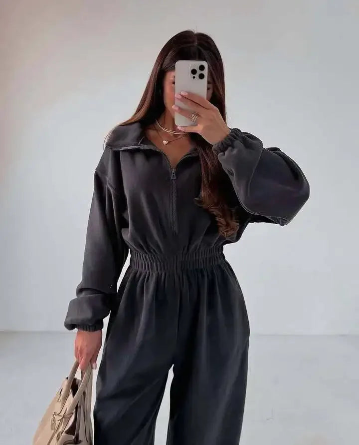 Jumpsuit Women 2026 New Fashionable Long Sleeved Jumpsuit for Women's Casual Half Open Collar Elastic Waist Jumpsuit
