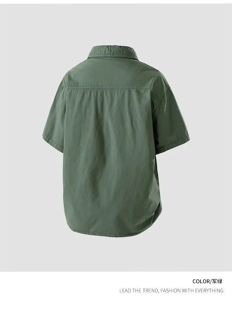 Workwear shirt for men summer loose and casual short-sleeved men American retro lapel coat trendy brand outdoor wear