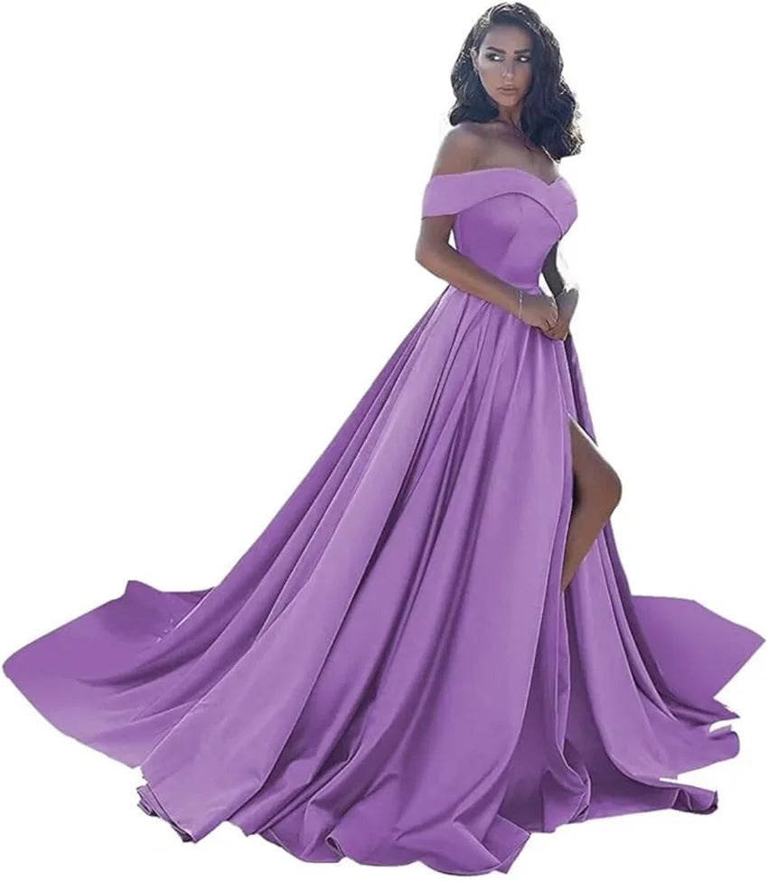 Simple Off Shoulder Satin Evening Gown