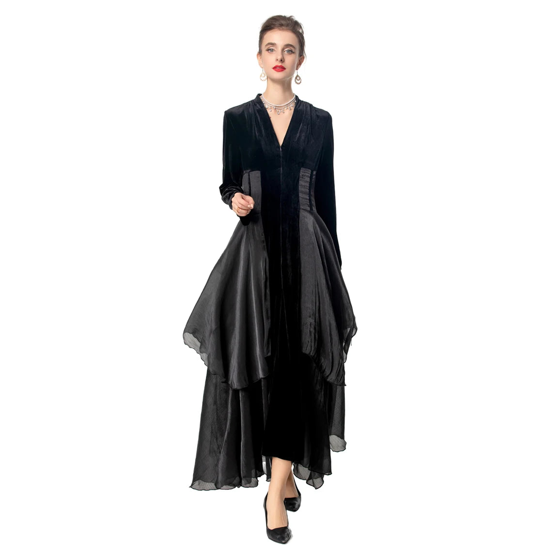 Velvet Ruffle V-Neck Evening Dress