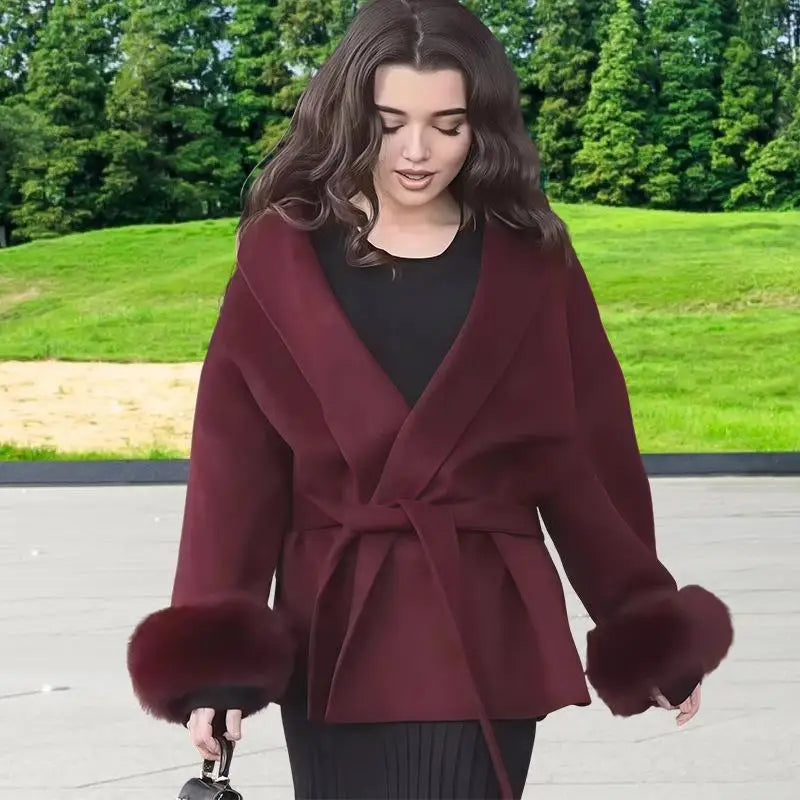 Elegant Women's Lace Up Woolen Coats Solid Full Sleeve Turn-down Collar Loose Lady Coats 2025 Autumn Winter Female Streetwear