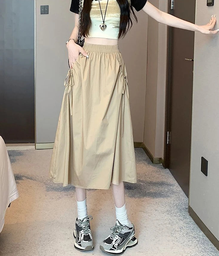 Drawstring Cargo A-Line Midi Skirt