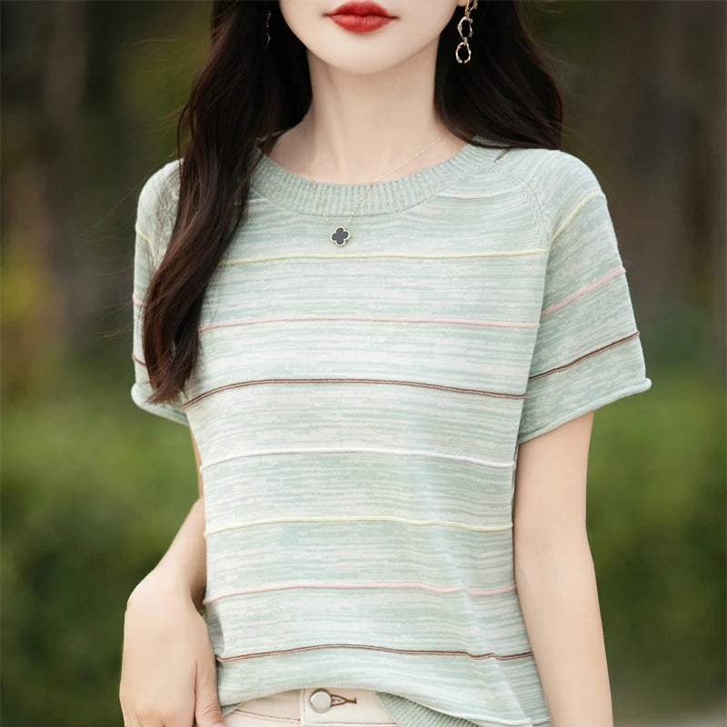 Women's T-shirts Summer New 100% Cotton Short Sleeve Casual Striped Knit Blouse Round Neck Tops Loose Pullover Tees