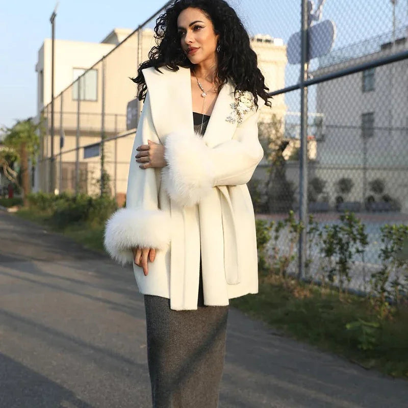 Fox Fur Woolen Coats Women's Short Coat Office Lady Removable Elegant Double-sided Wool Overcoat 2025 New Cardigan Jacket
