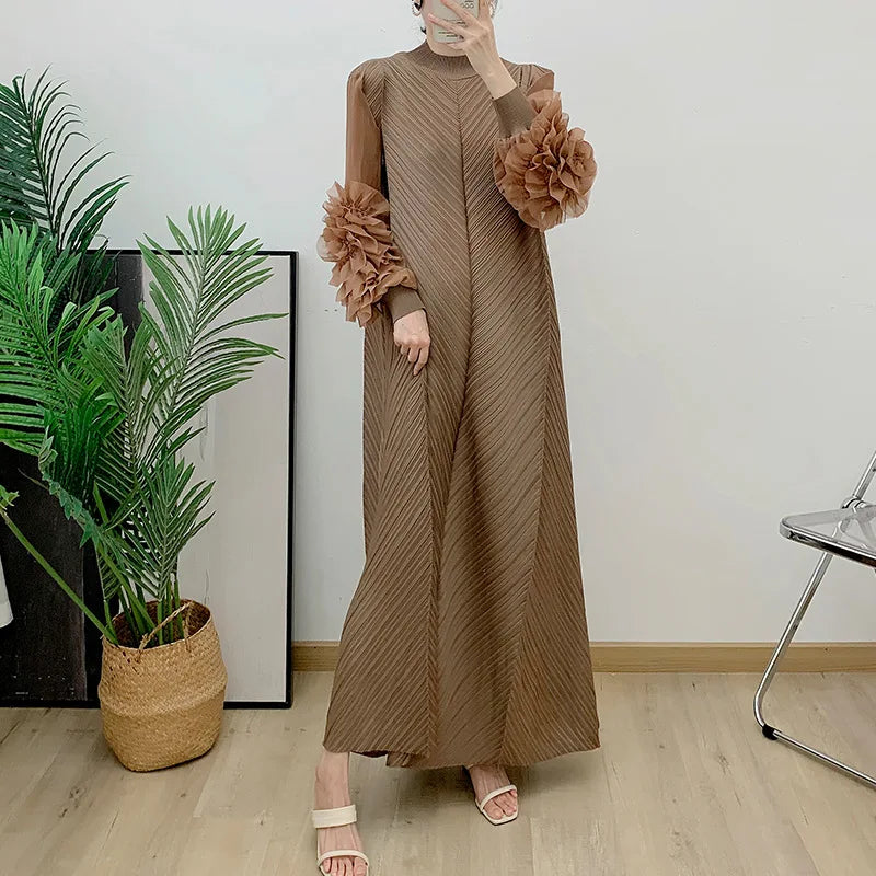 Women Elegant Evening Party Dresses 2025 Summer New Solid Colour Classic Long Sleeve Plate Flower Design Prom Dresses Female