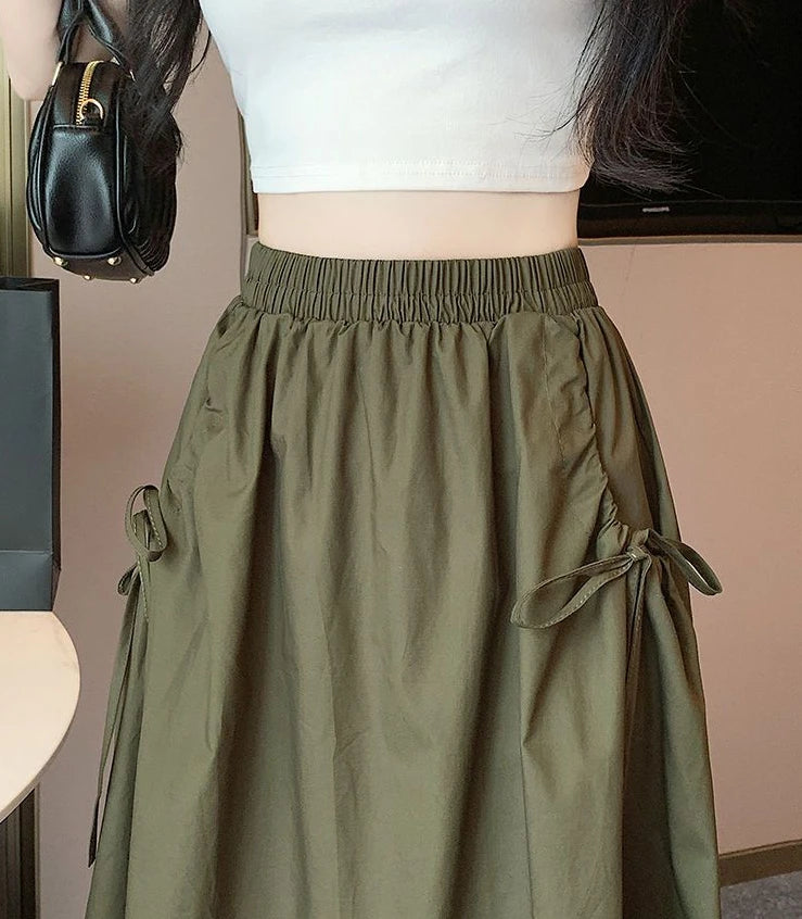 Drawstring Cargo A-Line Midi Skirt