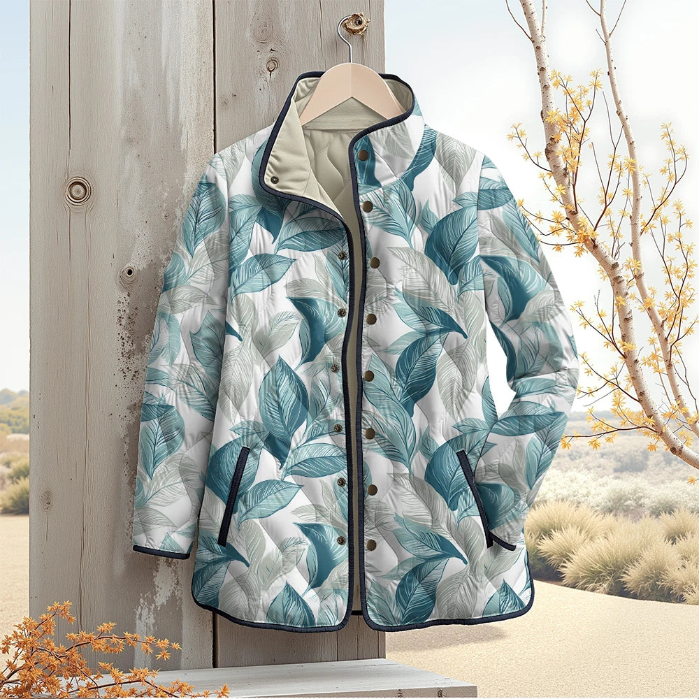 Quilted Leaf Print Winter Jacket